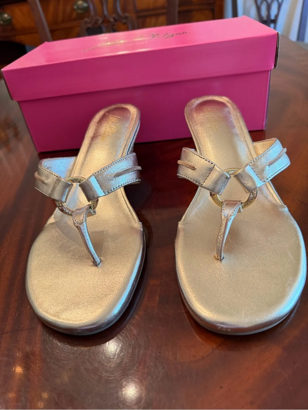 Lilly Pulitzer McKim Gold Nappa Leather Wedge Sandals Size 8.5